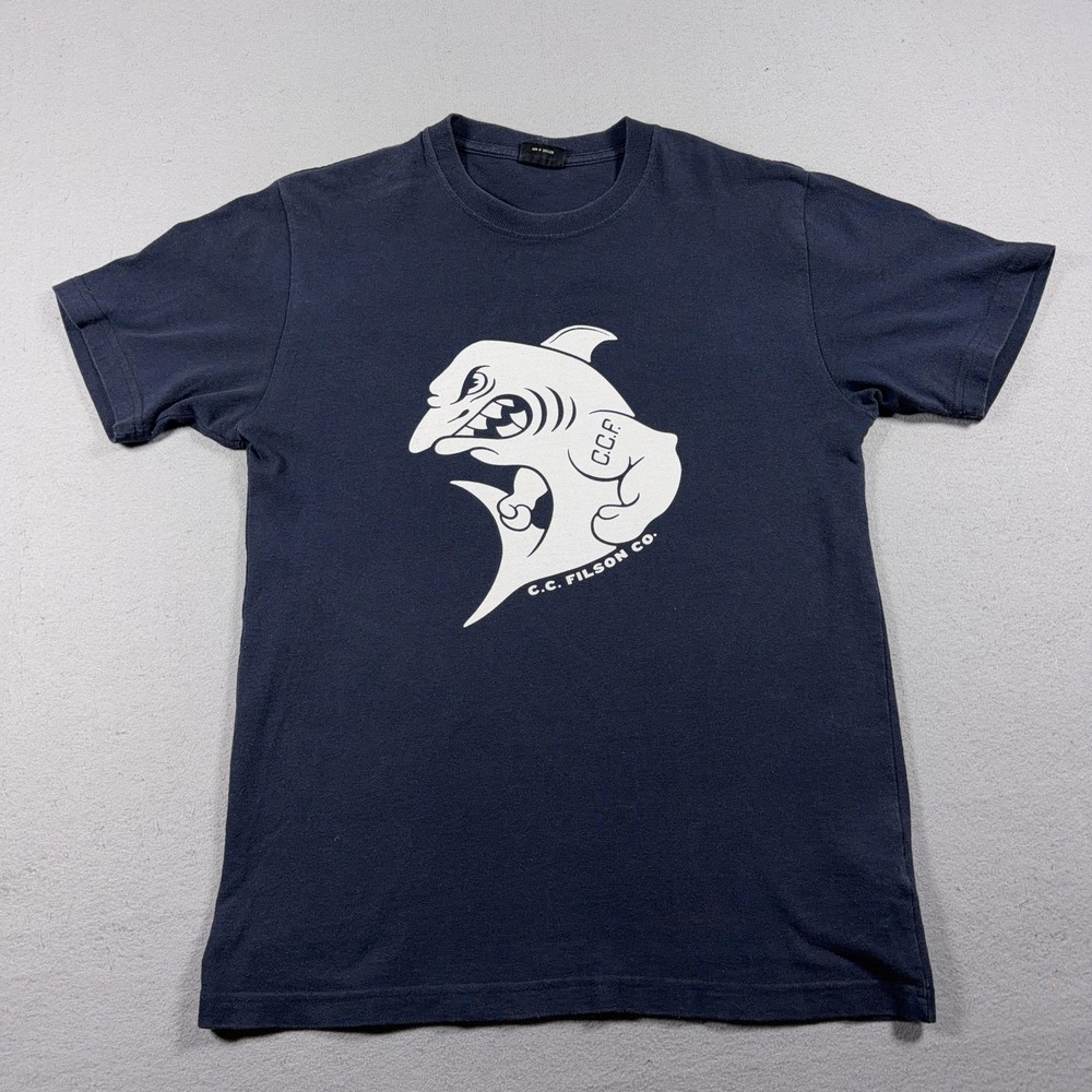 Filson Shirt Mens XS Blue Shark Graphic Tee CCF Logo Made USA Cotton Outdoor
